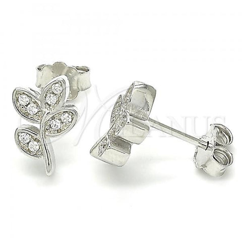 Sterling Silver Stud Earring, Leaf Design, with White Cubic Zirconia, Polished, Rhodium Finish, 02.336.0153