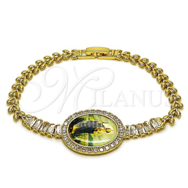 Oro Laminado Fancy Bracelet, Gold Filled Style San Judas and Baguette Design, with White Cubic Zirconia, Polished, Golden Finish, 03.283.0477.07