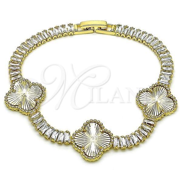 Oro Laminado Fancy Bracelet, Gold Filled Style Four-leaf Clover and Baguette Design, with White Cubic Zirconia, Diamond Cutting Finish, Golden Finish, 03.284.0056.07