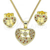 Oro Laminado Earring and Pendant Adult Set, Gold Filled Style Heart Design, with Garnet and White Micro Pave, Polished, Golden Finish, 10.199.0068.2