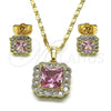 Oro Laminado Earring and Pendant Adult Set, Gold Filled Style with Pink and White Cubic Zirconia, Polished, Golden Finish, 10.196.0088