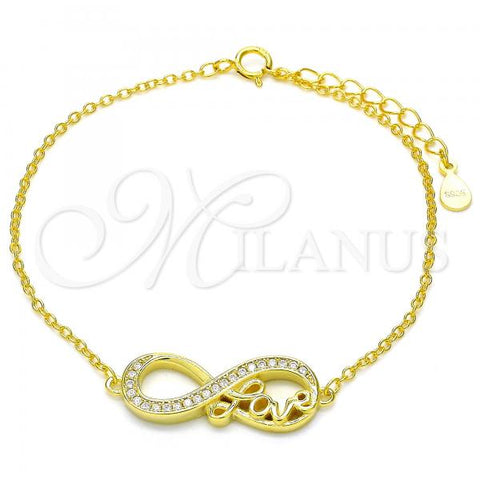 Sterling Silver Fancy Bracelet, Infinite and Love Design, with White Cubic Zirconia, Polished, Golden Finish, 03.336.0039.2.07