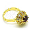 Oro Laminado Multi Stone Ring, Gold Filled Style Flower and Butterfly Design, with Garnet Cubic Zirconia and White Micro Pave, Polished, Golden Finish, 01.210.0154