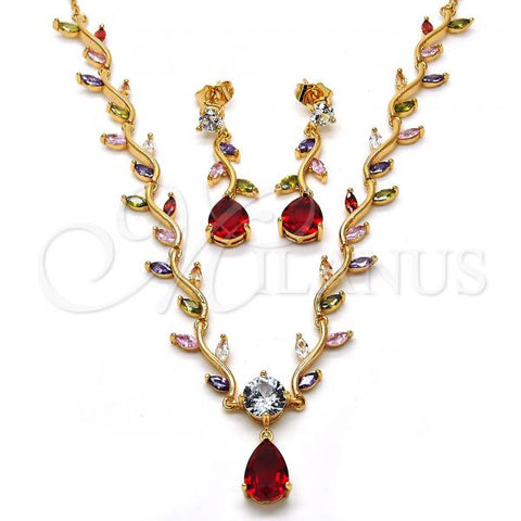 Oro Laminado Necklace and Earring, Gold Filled Style Teardrop and Leaf Design, with Multicolor Cubic Zirconia, Polished, Golden Finish, 06.205.0006.1