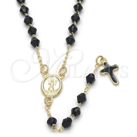 Oro Laminado Thin Rosary, Gold Filled Style Divino Niño and Cross Design, with Black Azavache, Black Enamel Finish, Golden Finish, 09.02.0039.18