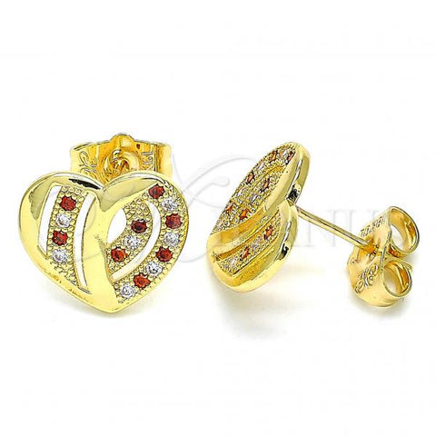 Oro Laminado Stud Earring, Gold Filled Style Heart Design, with Garnet and White Micro Pave, Polished, Golden Finish, 02.94.0107.1