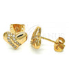 Oro Laminado Stud Earring, Gold Filled Style Heart Design, with White Micro Pave, Polished, Golden Finish, 02.213.0143