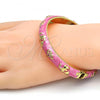Oro Laminado Individual Bangle, Gold Filled Style Elephant and Flower Design, Pink Enamel Finish, Golden Finish, 07.246.0010.05 (10 MM Thickness, Size 5 - 2.50 Diameter)