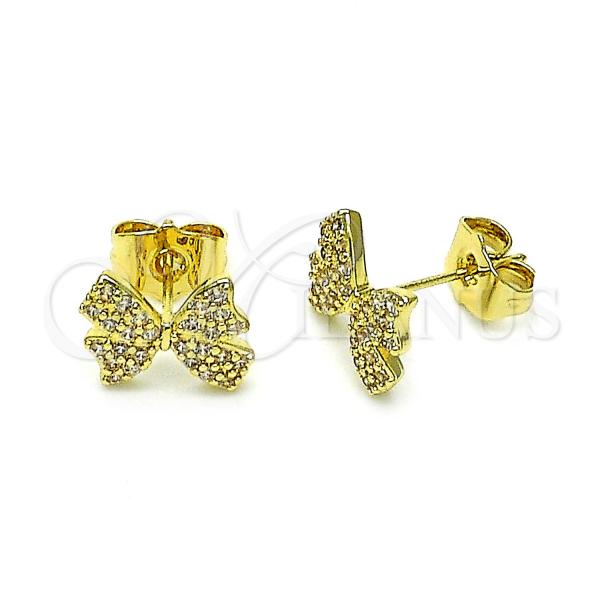 Oro Laminado Stud Earring, Gold Filled Style Bow Design, with White Micro Pave, Polished, Golden Finish, 02.195.0288