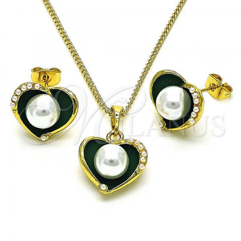 Oro Laminado Earring and Pendant Adult Set, Gold Filled Style Heart Design, with Ivory Pearl, Green Enamel Finish, Golden Finish, 10.379.0048.3
