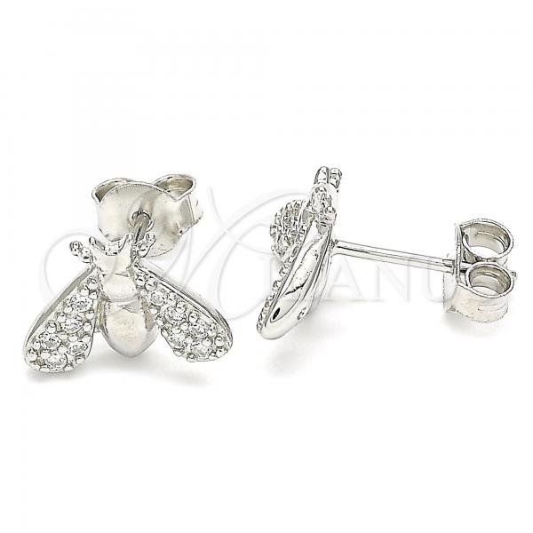 Sterling Silver Stud Earring, Bee Design, with White Cubic Zirconia, Polished, Rhodium Finish, 02.336.0129
