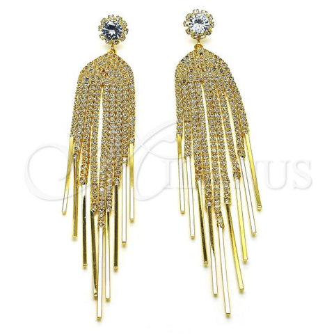 Oro Laminado Long Earring, Gold Filled Style Flower Design, with White Cubic Zirconia and White Crystal, Polished, Golden Finish, 02.268.0109