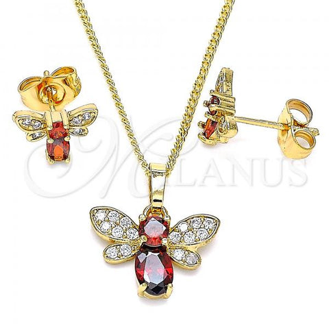 Oro Laminado Earring and Pendant Adult Set, Gold Filled Style Bee Design, with Garnet Cubic Zirconia and White Micro Pave, Polished, Golden Finish, 10.210.0122.3