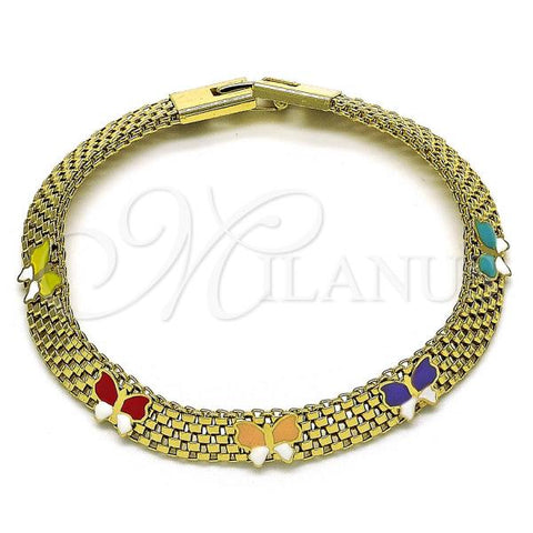 Oro Laminado Fancy Bracelet, Gold Filled Style Butterfly and Bismark Design, Multicolor Enamel Finish, Golden Finish, 03.331.0216.1.08