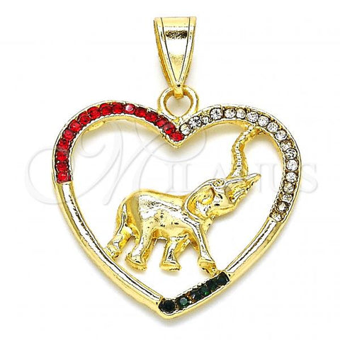 Oro Laminado Fancy Pendant, Gold Filled Style Heart and Elephant Design, with Multicolor Crystal, Polished, Golden Finish, 05.351.0006