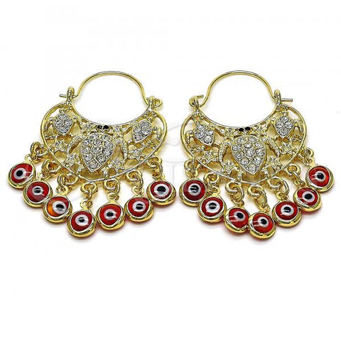 Oro Laminado Long Earring, Gold Filled Style Turtle and Evil Eye Design, with White and Black Crystal, Red Resin Finish, Golden Finish, 02.380.0104