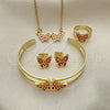 Oro Laminado Necklace, Bracelet, Earring and Ring, Gold Filled Style Butterfly Design, Red Enamel Finish, Golden Finish, 06.361.0031