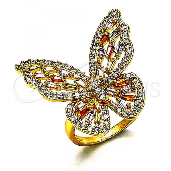 Oro Laminado Multi Stone Ring, Gold Filled Style Butterfly Design, with Multicolor Cubic Zirconia, Polished, Golden Finish, 01.283.0030.1.07