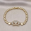 Oro Laminado Fancy Bracelet, Gold Filled Style Heart and Crown Design, with White Micro Pave, Polished, Golden Finish, 03.283.0343.07