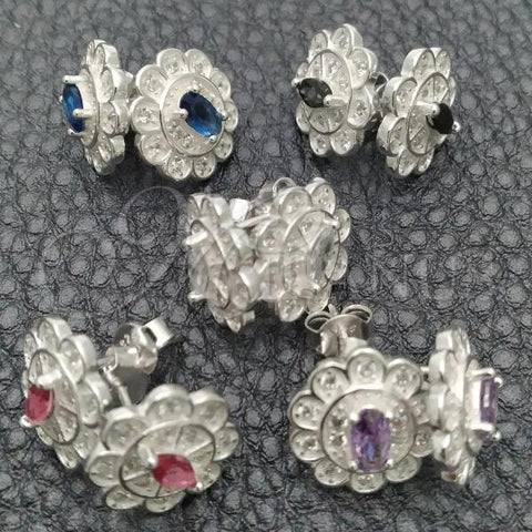 Sterling Silver Stud Earring, Flower Design, with White Cubic Zirconia, Polished, Silver Finish, 02.398.0003