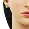 Oro Laminado Stud Earring, Gold Filled Style Heart and Leaf Design, Diamond Cutting Finish, Golden Finish, 02.342.0278