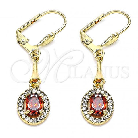 Oro Laminado Long Earring, Gold Filled Style with Garnet and White Cubic Zirconia, Polished, Golden Finish, 02.387.0045.2