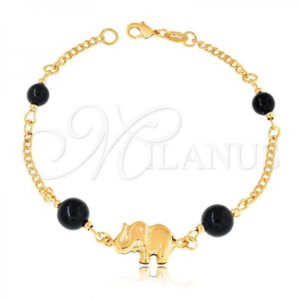 Oro Laminado Fancy Bracelet, Gold Filled Style Elephant and Miami Cuban Design, with Black Pearl, Black Polished, Golden Finish, 03.32.0191.07