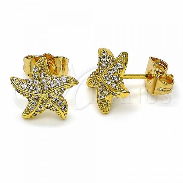 Oro Laminado Stud Earring, Gold Filled Style with White Cubic Zirconia, Polished, Golden Finish, 02.344.0033