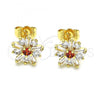 Oro Laminado Stud Earring, Gold Filled Style Flower Design, with Garnet and White Cubic Zirconia, Polished, Golden Finish, 02.310.0027.1