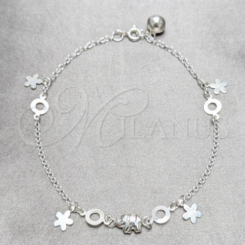 Sterling Silver Fancy Anklet, Flower and Elephant Design, Polished, Silver Finish, 03.409.0050.10