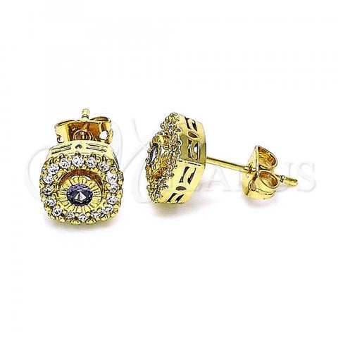 Oro Laminado Stud Earring, Gold Filled Style with Amethyst Cubic Zirconia and White Micro Pave, Polished, Golden Finish, 02.342.0025.5