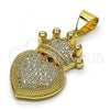 Oro Laminado Fancy Pendant, Gold Filled Style Crown and Heart Design, with White Micro Pave, Polished, Golden Finish, 05.342.0126