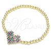 Oro Laminado Fancy Bracelet, Gold Filled Style Expandable Bead and Heart Design, with Multicolor Cubic Zirconia, Polished, Golden Finish, 03.299.0030.07