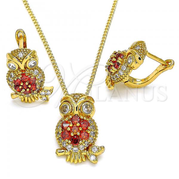 Oro Laminado Earring and Pendant Adult Set, Gold Filled Style Owl Design, with Garnet Cubic Zirconia and White Micro Pave, Polished, Golden Finish, 10.210.0138.1
