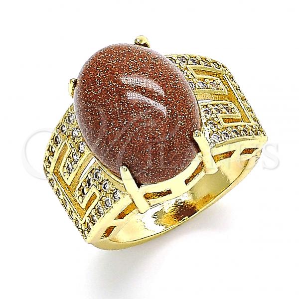 Oro Laminado Multi Stone Ring, Gold Filled Style Greek Key Design, with Brown  and White Cubic Zirconia, Polished, Golden Finish, 01.210.0134.06