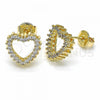 Oro Laminado Stud Earring, Gold Filled Style Heart Design, with White Micro Pave, Polished, Golden Finish, 02.94.0122