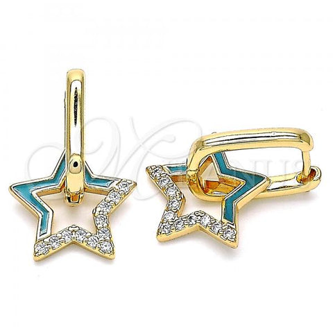 Oro Laminado Huggie Hoop, Gold Filled Style Star Design, with White Micro Pave, Turquoise Enamel Finish, Golden Finish, 02.213.0215.12