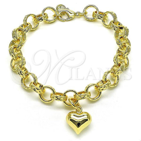 Oro Laminado Fancy Bracelet, Gold Filled Style Rolo and Heart Design, with White Cubic Zirconia, Diamond Cutting Finish, Golden Finish, 03.331.0290.09