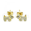 Oro Laminado Stud Earring, Gold Filled Style Dog Design, with White and Black Micro Pave, Polished, Golden Finish, 02.342.0151