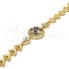 Oro Laminado Fancy Bracelet, Gold Filled Style Flower and Leaf Design, with Amethyst and White Cubic Zirconia, Polished, Golden Finish, 03.210.0042.2.08