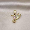 Oro Laminado Fancy Pendant, Gold Filled Style Bird Design, with Pink Crystal and White Micro Pave, Diamond Cutting Finish, Golden Finish, 05.411.0008.1
