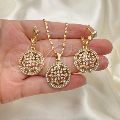 Oro Laminado Earring and Pendant Adult Set, Gold Filled Style with White Crystal and White Micro Pave, Polished, Golden Finish, 10.314.0004