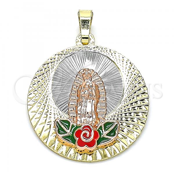 Oro Laminado Religious Pendant, Gold Filled Style Guadalupe and Flower Design, Multicolor Enamel Finish, Tricolor, 05.380.0101
