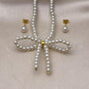 Oro Laminado Necklace and Earring, Gold Filled Style Bow and Ball Design, with Ivory Pearl, Polished, Golden Finish, 06.417.0001