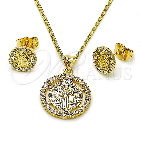 Oro Laminado Earring and Pendant Adult Set, Gold Filled Style San Benito Design, with White Cubic Zirconia, Polished, Golden Finish, 10.60.0008