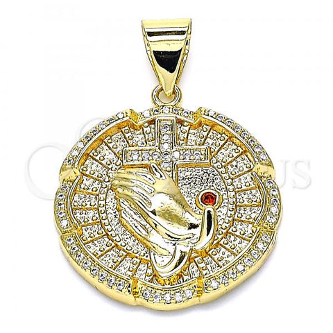 Oro Laminado Religious Pendant, Gold Filled Style Praying Hands and Cross Design, with White Micro Pave and Garnet Cubic Zirconia, Polished, Golden Finish, 05.342.0055