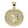 Oro Laminado Religious Pendant, Gold Filled Style Praying Hands and Cross Design, with White Micro Pave and Garnet Cubic Zirconia, Polished, Golden Finish, 05.342.0055