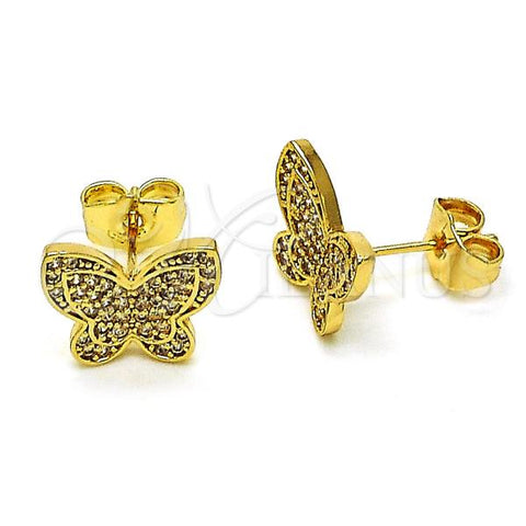 Oro Laminado Stud Earring, Gold Filled Style Butterfly Design, with White Micro Pave, Polished, Golden Finish, 02.283.0069