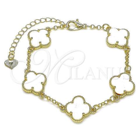 Oro Laminado Fancy Bracelet, Gold Filled Style Four-leaf Clover and Rolo Design, with Ivory Mother of Pearl, Polished, Golden Finish, 03.414.0001.4.07