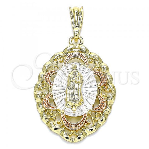 Oro Laminado Religious Pendant, Gold Filled Style Guadalupe Design, Polished, Tricolor, 05.380.0073